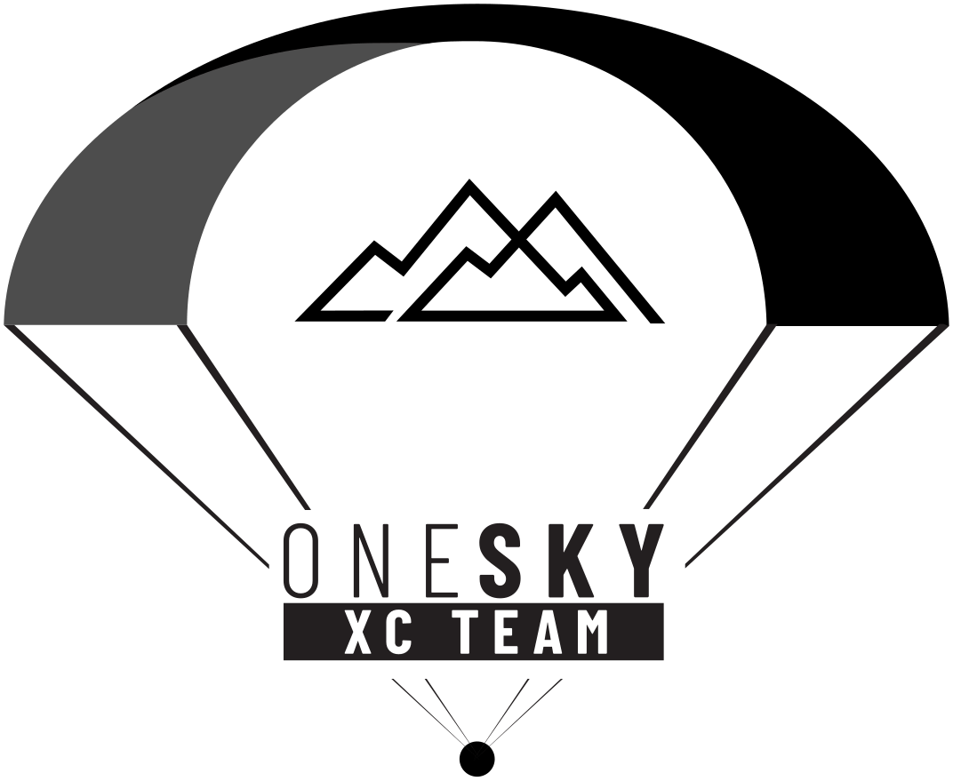 Logoul One Sky XC Team: o parapantă cu munți pe voal și pilotul dedesubt