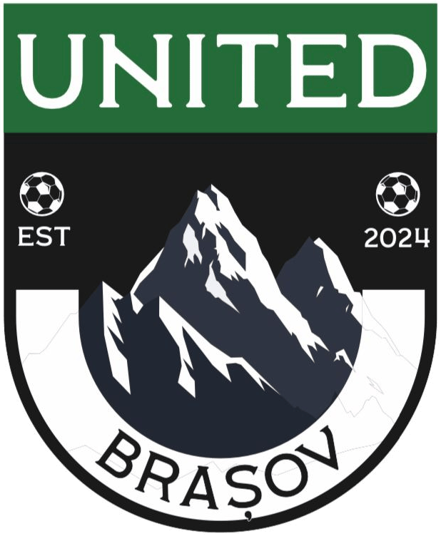 Stema echipei United Brașov: scut cu munte înzăpezit, „EST 2024”