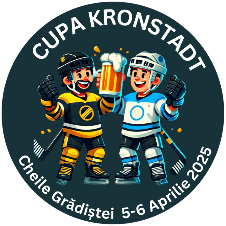 Emblema Cupei Kronstadt: doi hocheiști ciocnesc halbele, cu textul „Cheile Grădiștei, 5–6 aprilie 2025”